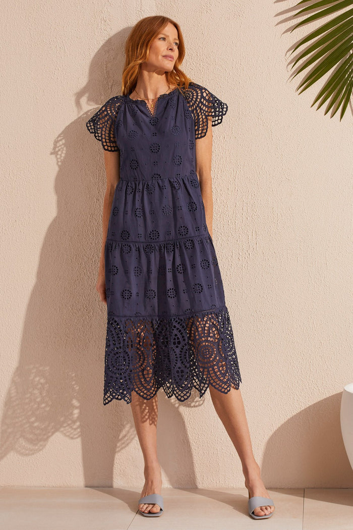 Tribal Navy Cotton Eyelet Tiered Dress