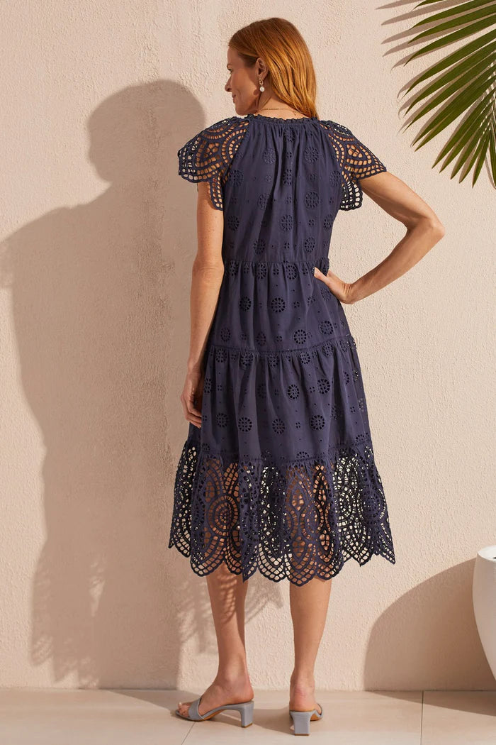 Tribal Navy Cotton Eyelet Tiered Dress