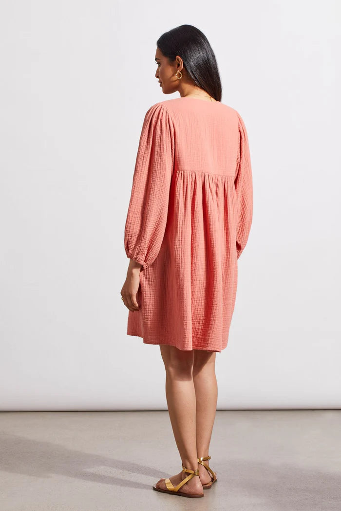 Tribal Cotton Gauze Puffy Sleeve Dress- Coral Blush