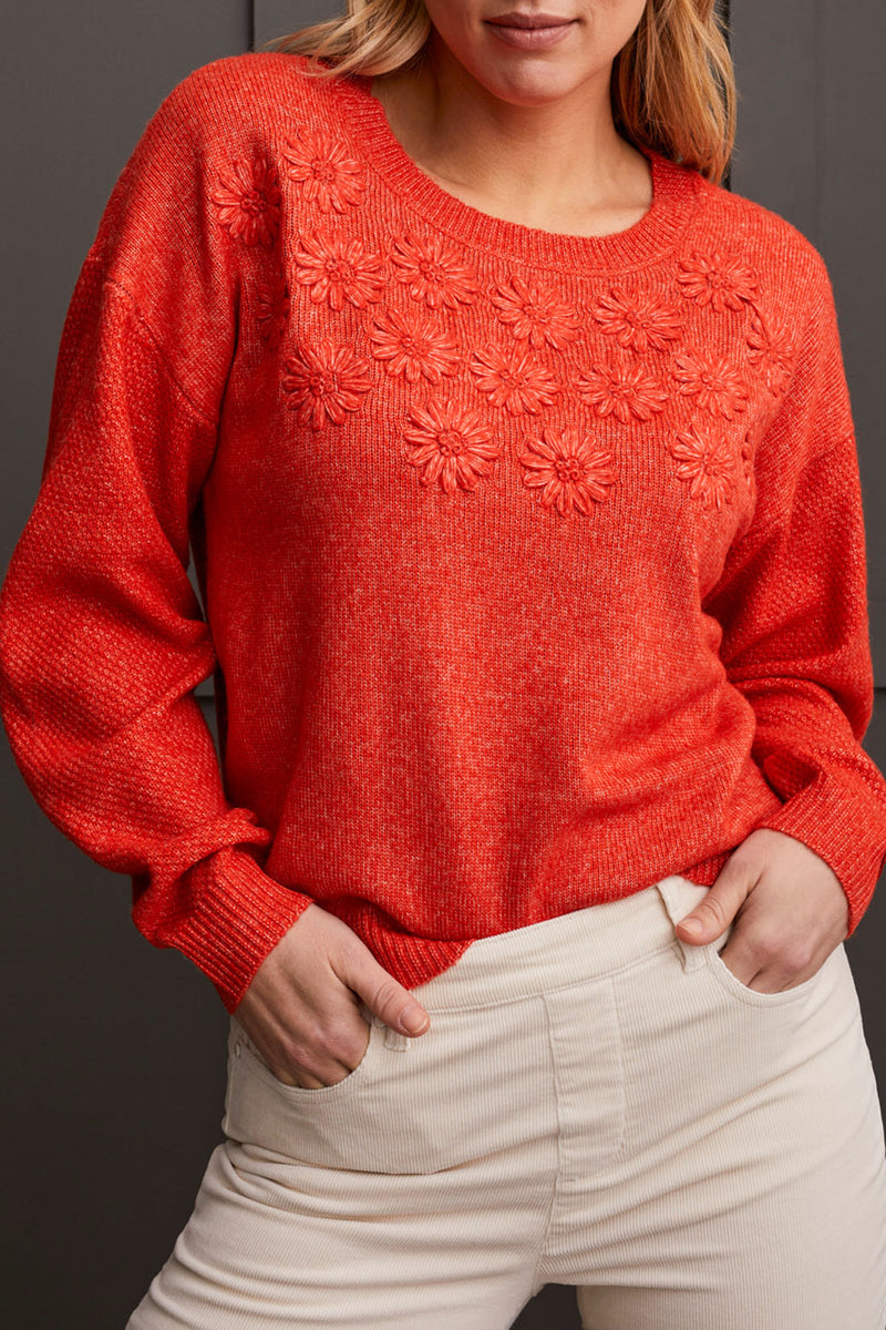 Tribal Crimson Floral Applique Sweater